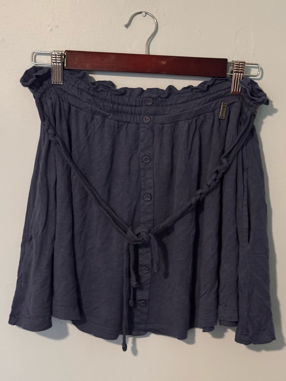 Element Flowy Mini Skirt with Decorative Buttons & Sash in Muted Navy Blue-Gray